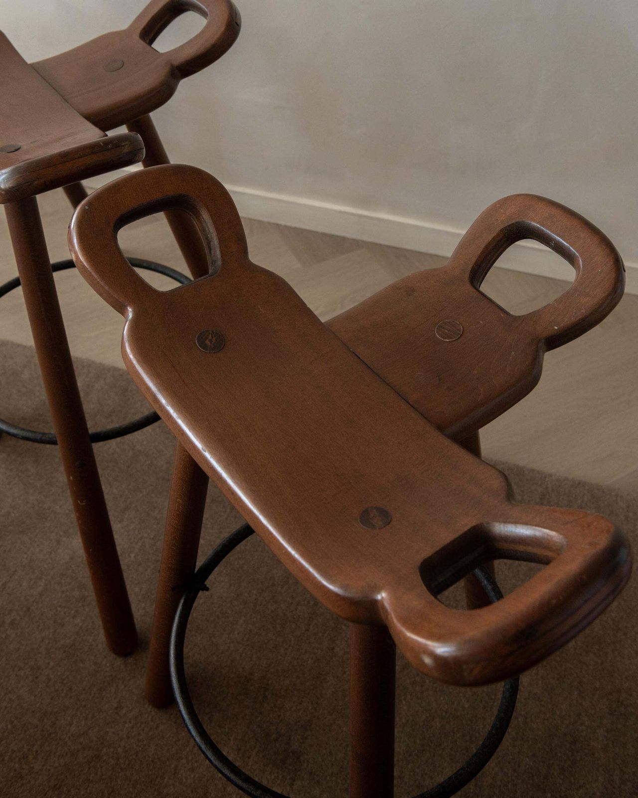 Spanish Brutalist Wooden Marbella Bar Stools By Confonorm, 1970s, Set Of 3 photo buy