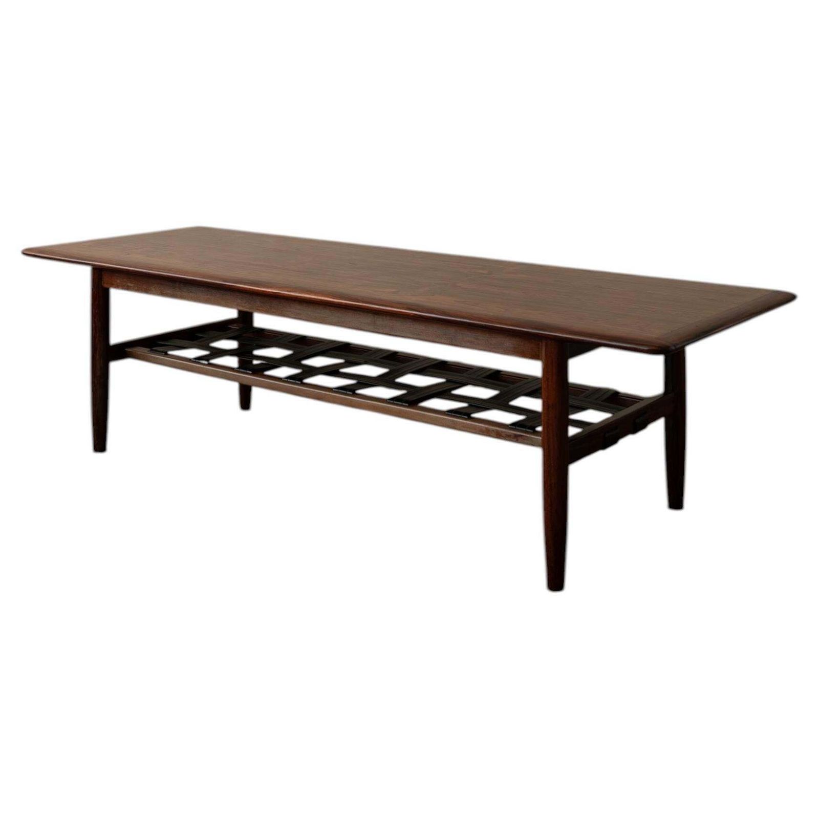Rosewood Coffee Table With Leather Magazine Shelf By Topform, Mid Century, 1960s