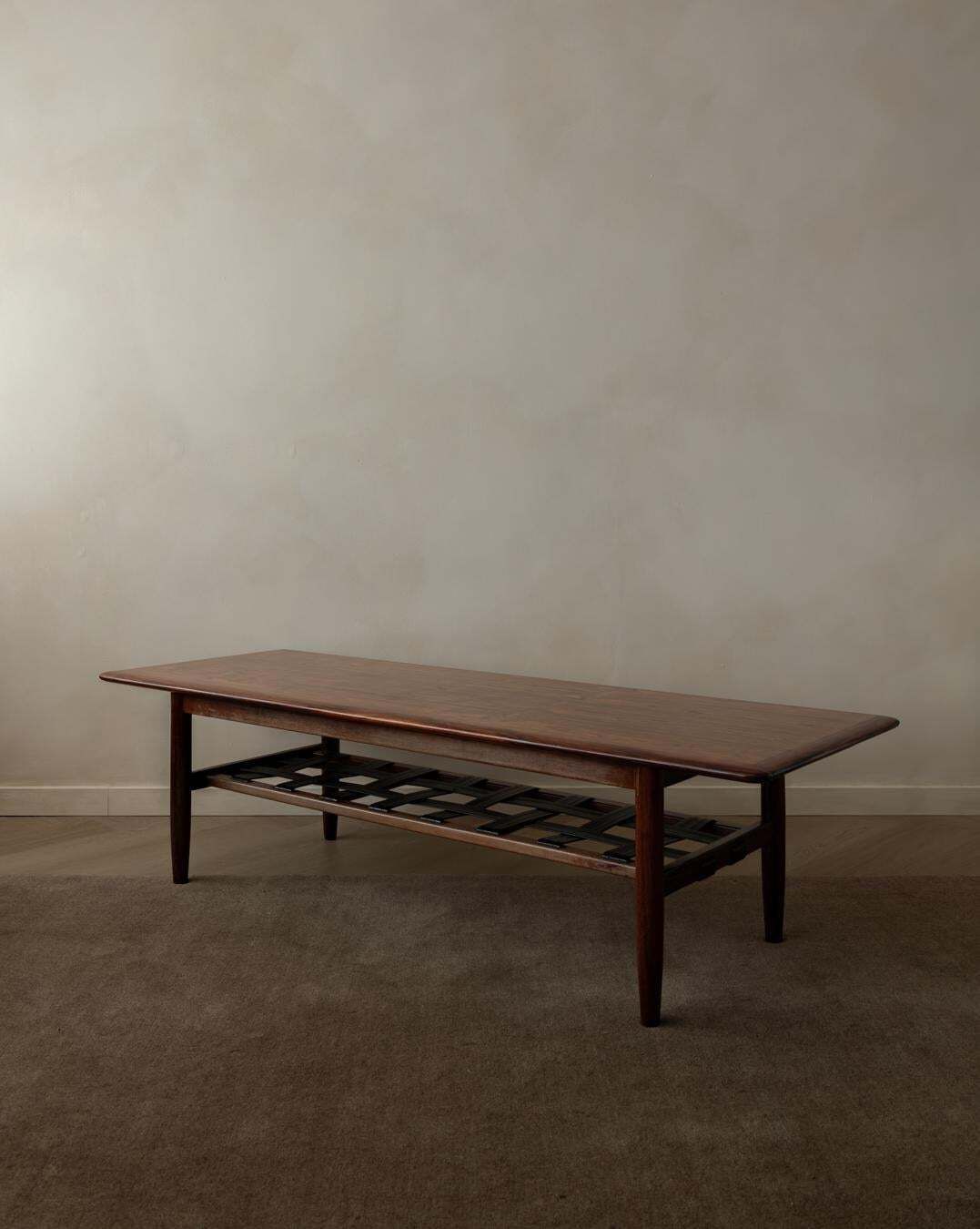 Rosewood Coffee Table With Leather Magazine Shelf By Topform, Mid Century, 1960s photo for sale