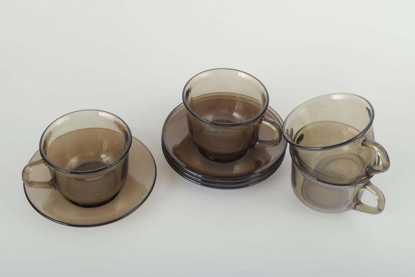 Vereco, France. Set Of Four Cups And Four Saucers In Smoked Glass. 1970s. photo furniture