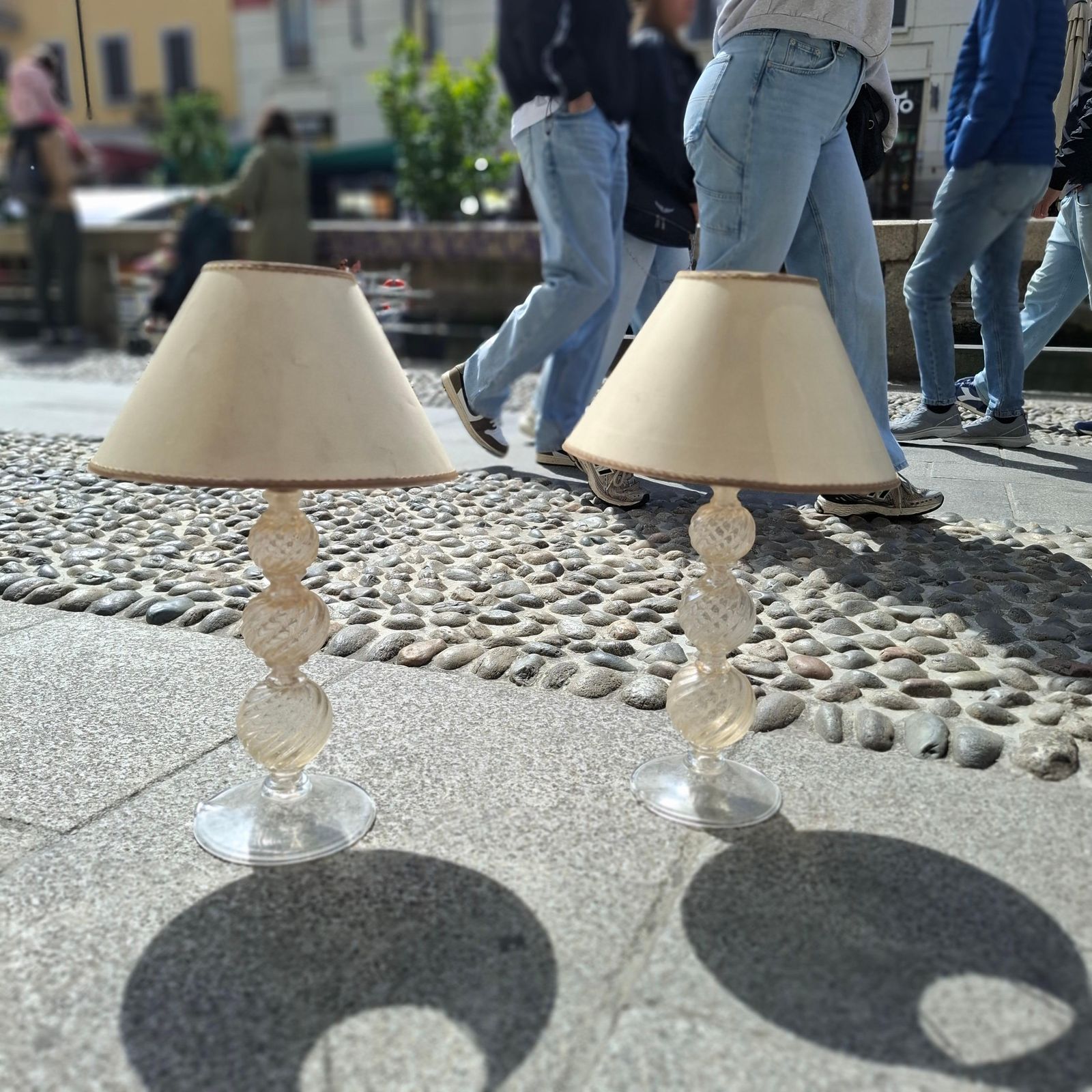 Venini Couple Table Lamps 1950s Murano Glass Gold Fabric Lampshades Italy photo Lighting