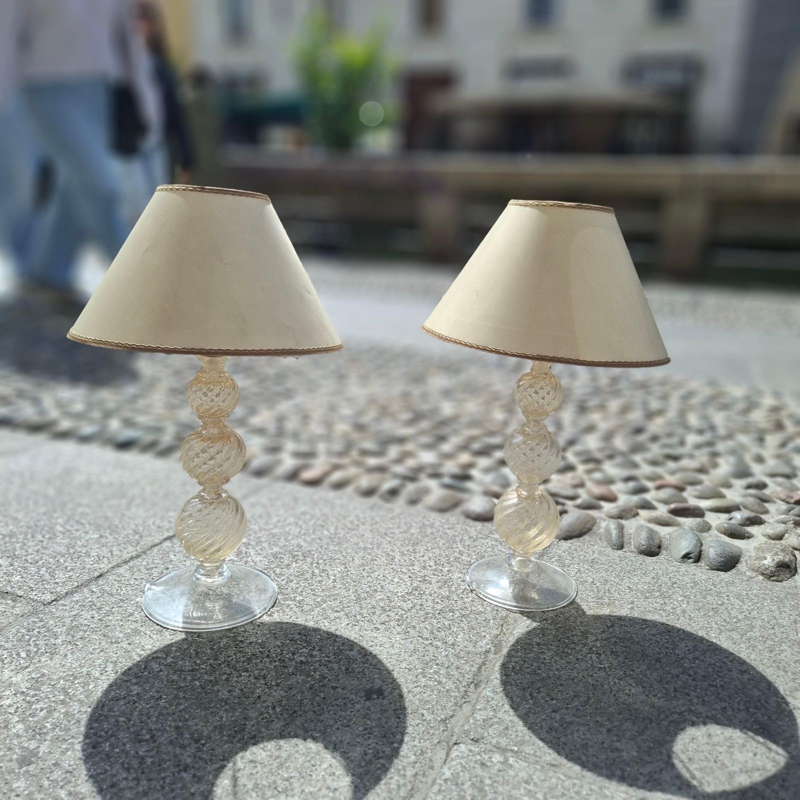 Venini Couple Table Lamps 1950s Murano Glass Gold Fabric Lampshades Italy photo 3385.0