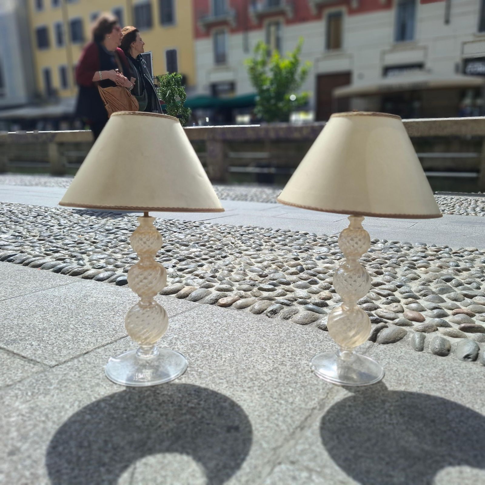 Venini Couple Table Lamps 1950s Murano Glass Gold Fabric Lampshades Italy photo vintage