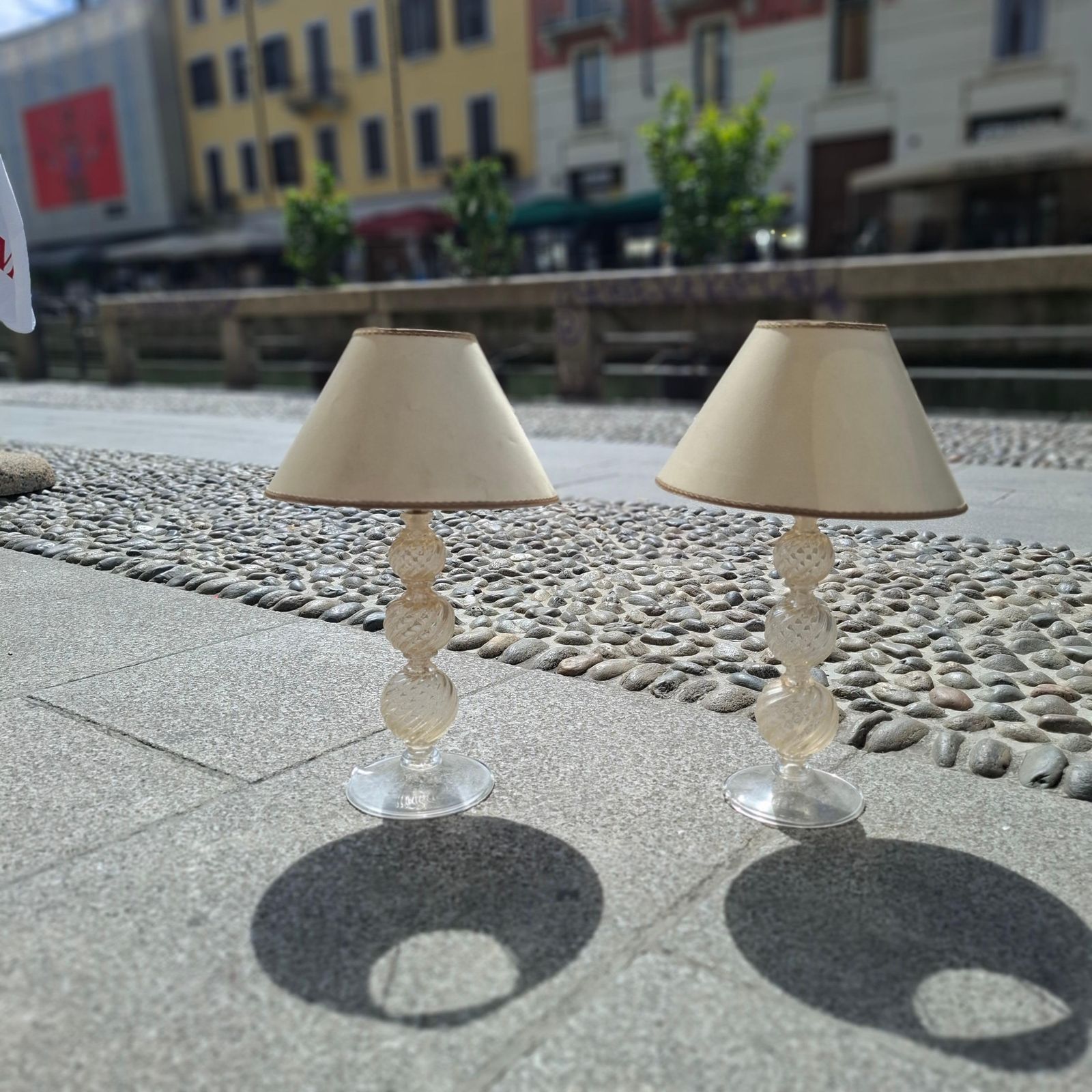 photo for sale Venini Couple Table Lamps 1950s Murano Glass Gold Fabric Lampshades Italy