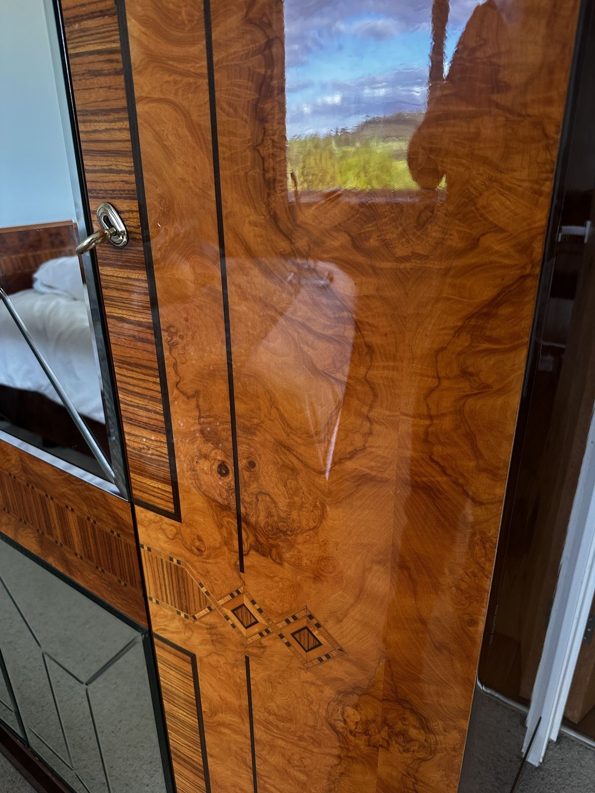 Spectacular Art Deco Revival Wardrobe + Chest Of Drawers + 2 X Side Cabinets. Featuring Highly Figured Burr Wood Veneers, Mirrored Geometric Panels, Marquetry Detailing, And A Piano Gloss Finish. photo vintage