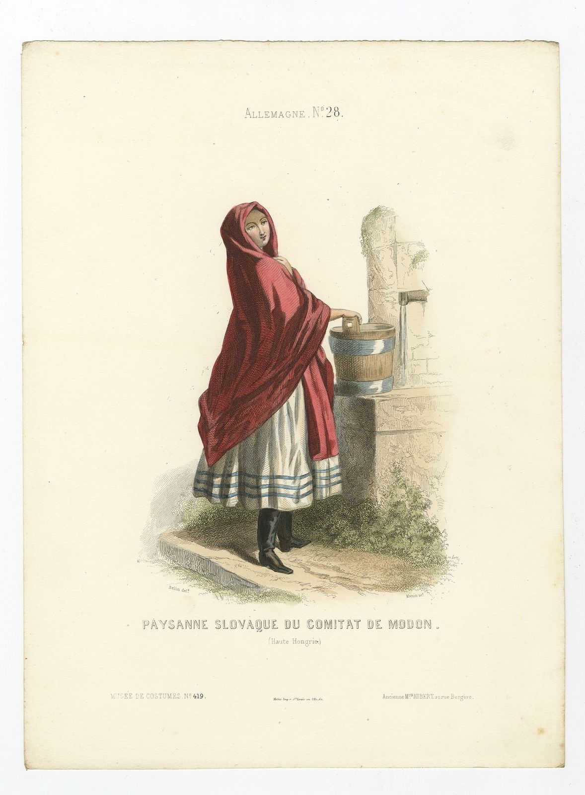 Antique Print Of A Slovak Peasant Girl By Aubert (1850)