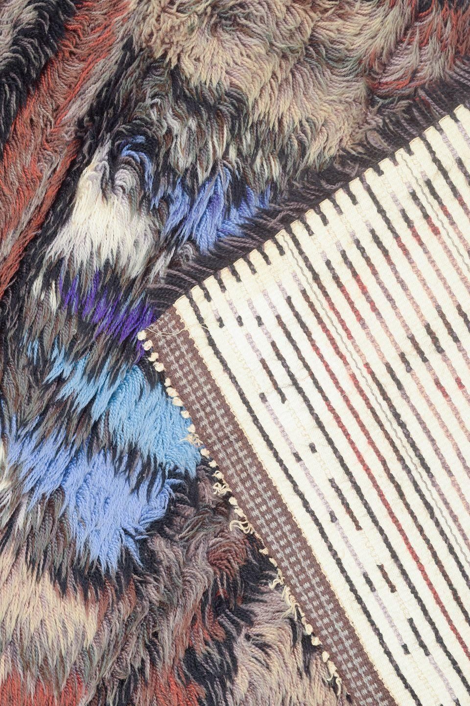 Scandinavian Designer. Wool Rya Carpet In Shades Of Blue, Purple, Brown, Beige. photo Textiles