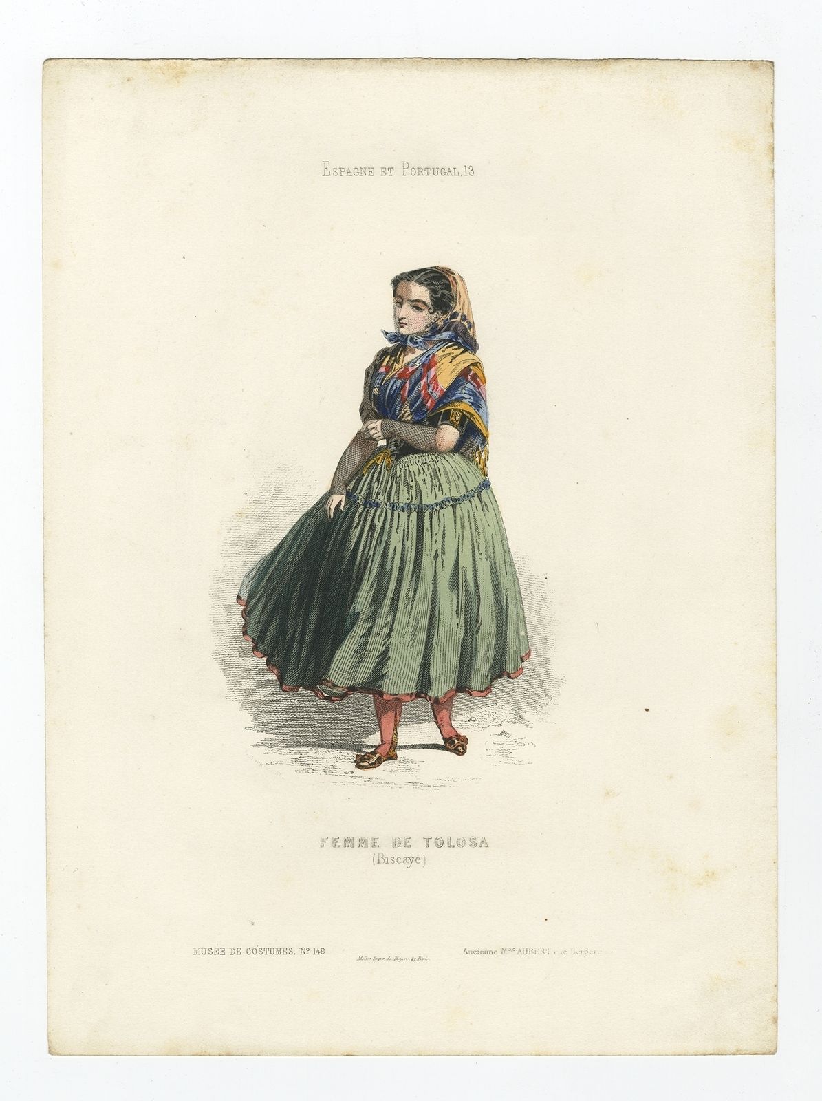 Antique Print Of A Female From Tolosa By Aubert (1850)