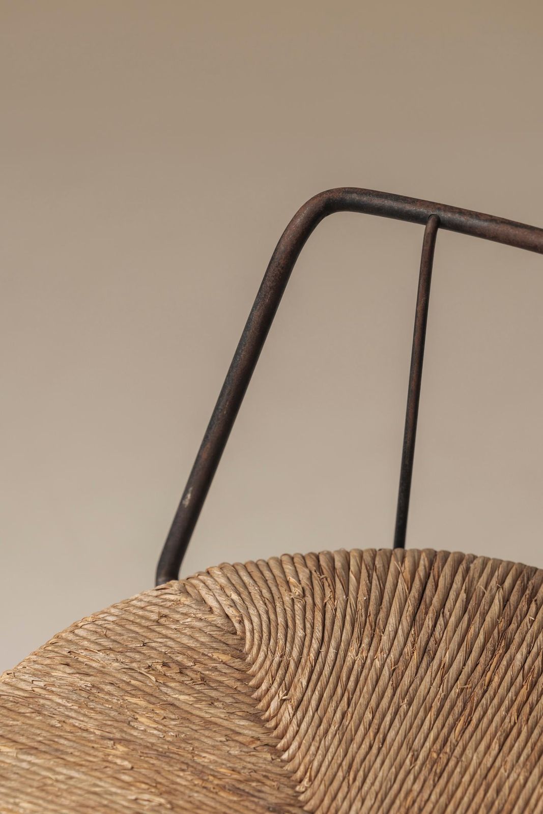 Rare French Tripod Stool In Metal And Rush, Dating From The 1950s photo vinterior