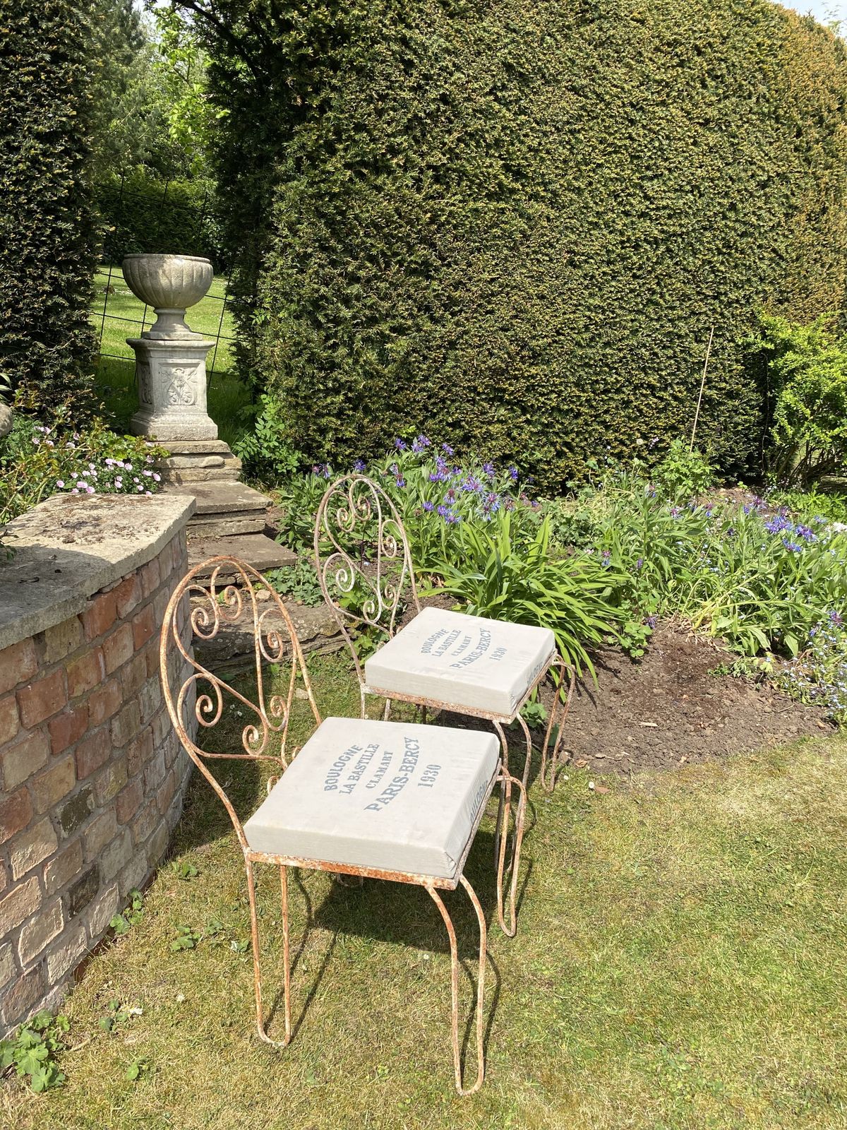 Antique Metal Chairs With Paris Bercy Seats, Rust & Flecked White Paint Patina photo for sale