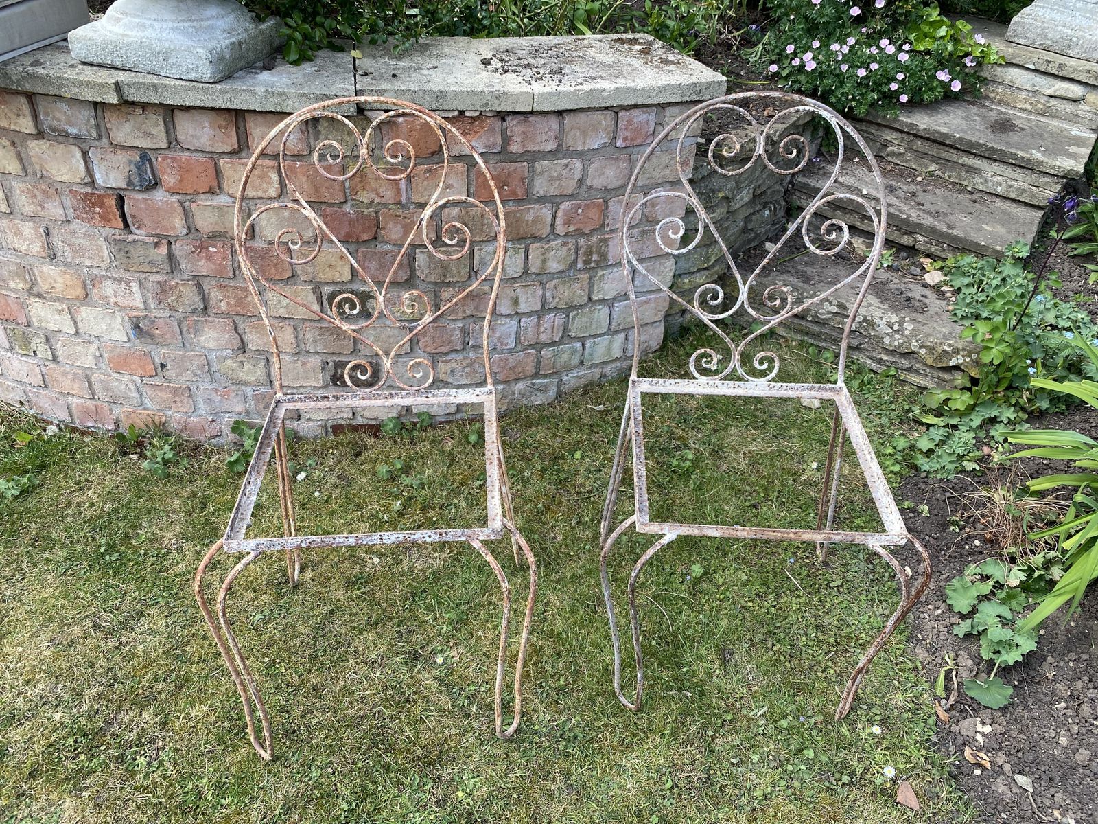 Antique Metal Chairs With Paris Bercy Seats, Rust & Flecked White Paint Patina photo 450.0
