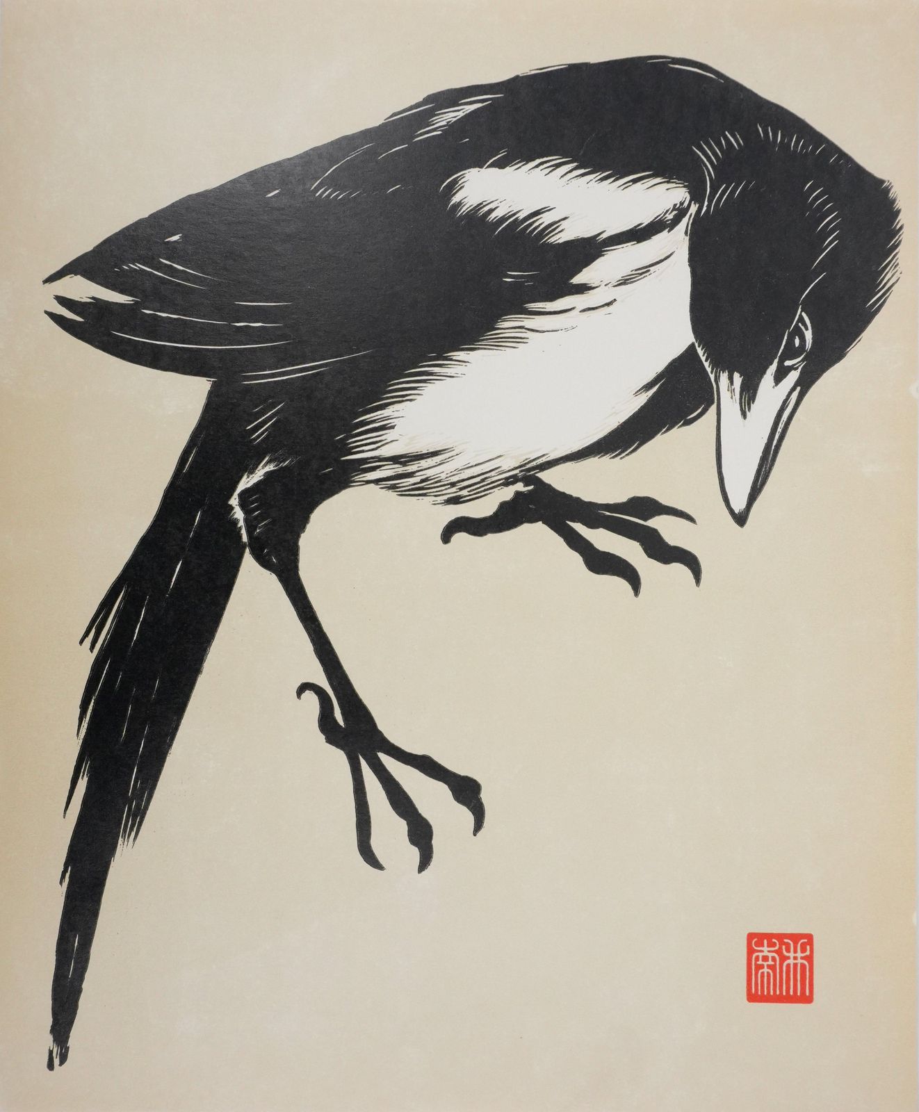 Japanese Print, White Billed Pie   Signed Woodcut