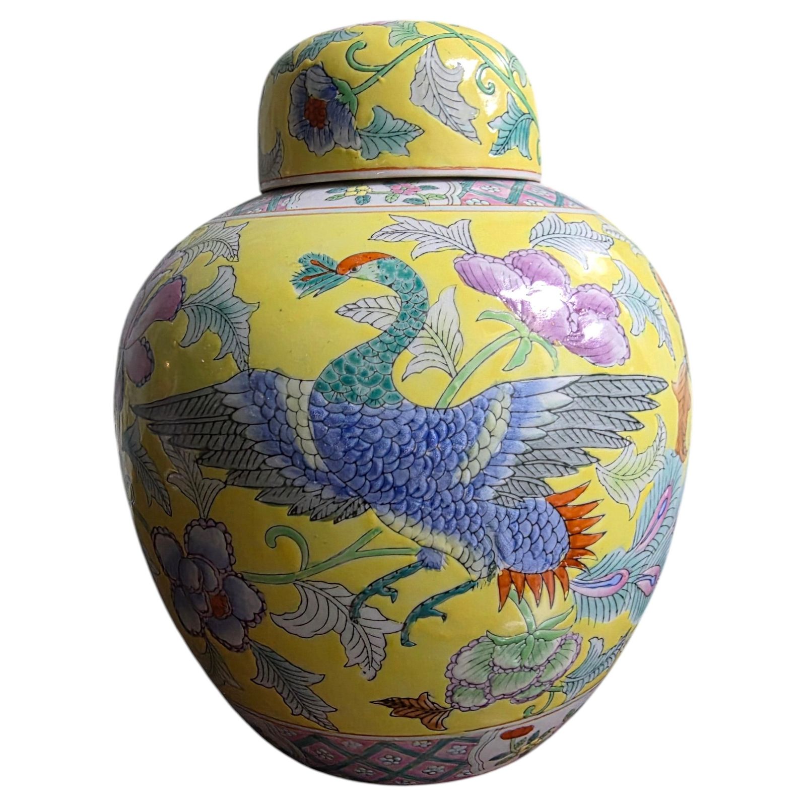 Chinese Porcelain Decorative Yellow Vase With Flowers And Leaves 1960s