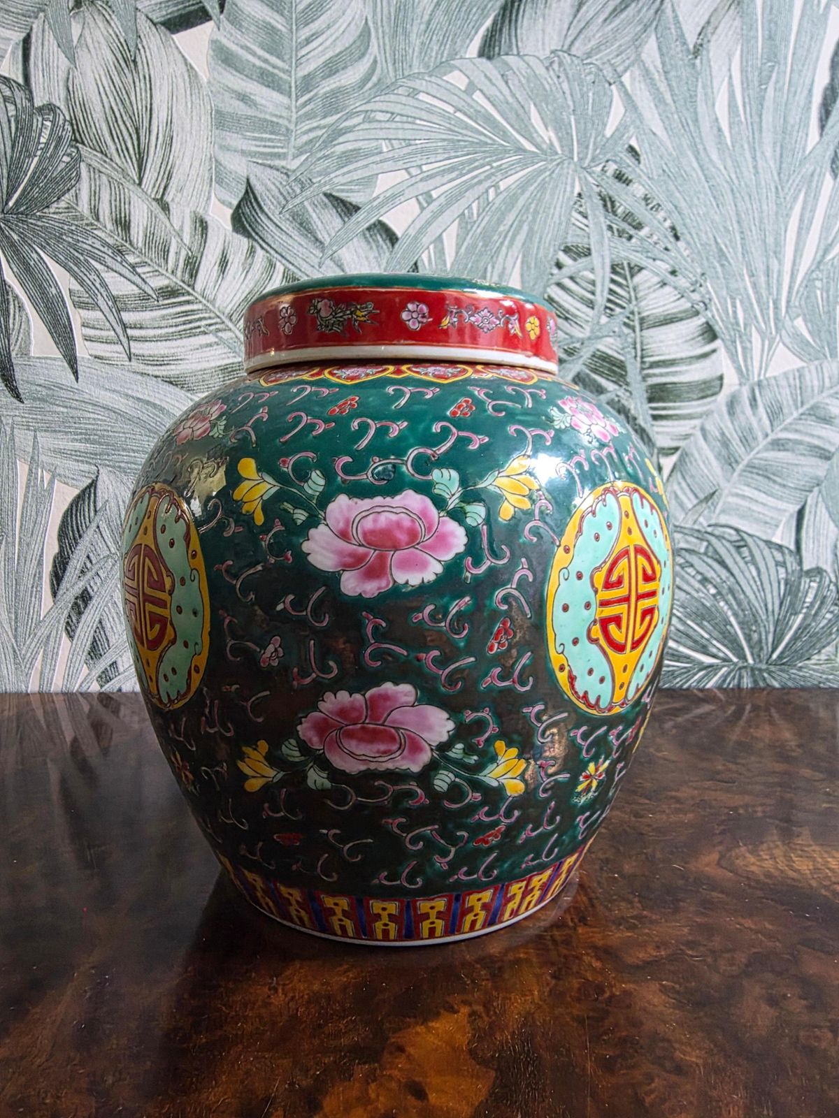 Chinese Decorative Vase With Lid 1960 Green Yellow photo for sale