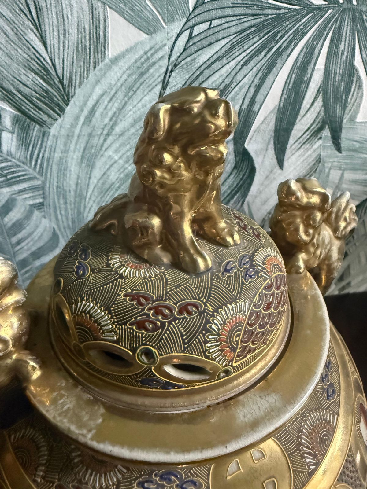 Satsuma Style Lidded Vase China Gold Background With Lions In The Handles And Lid photo furniture