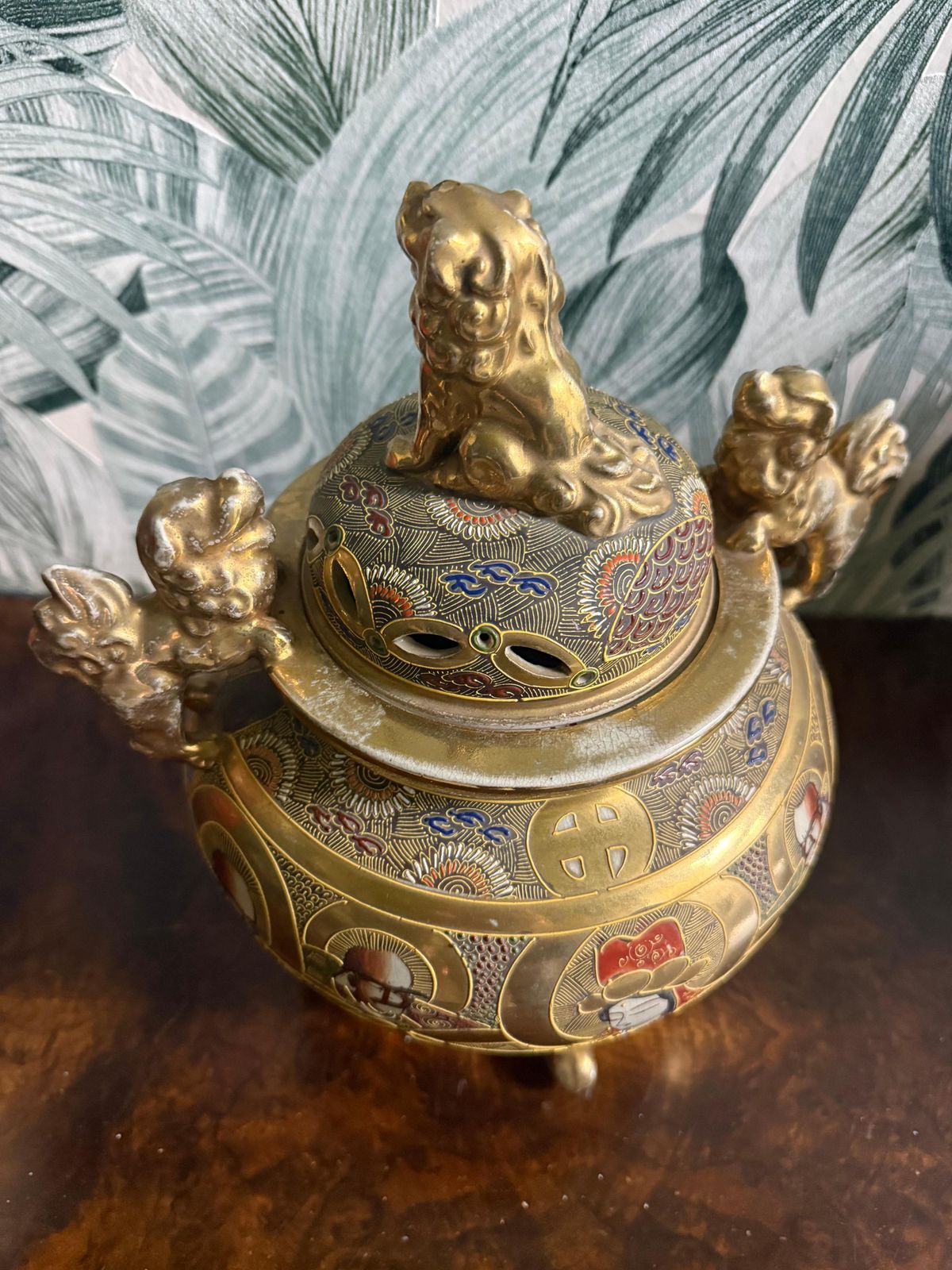Satsuma Style Lidded Vase China Gold Background With Lions In The Handles And Lid photo for sale