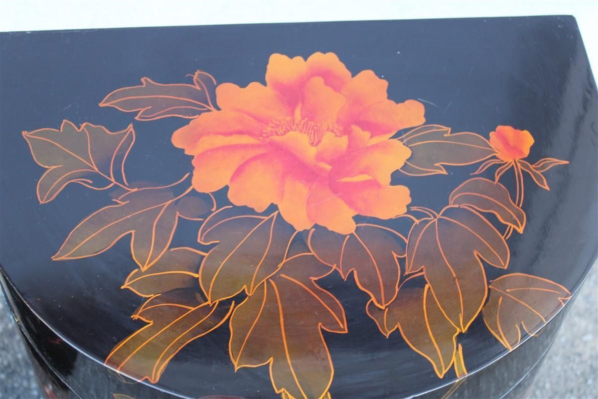Pair Of Decorative Chinese Lacquer Nightstands With Red Flowers 1960 Black Ground photo buy