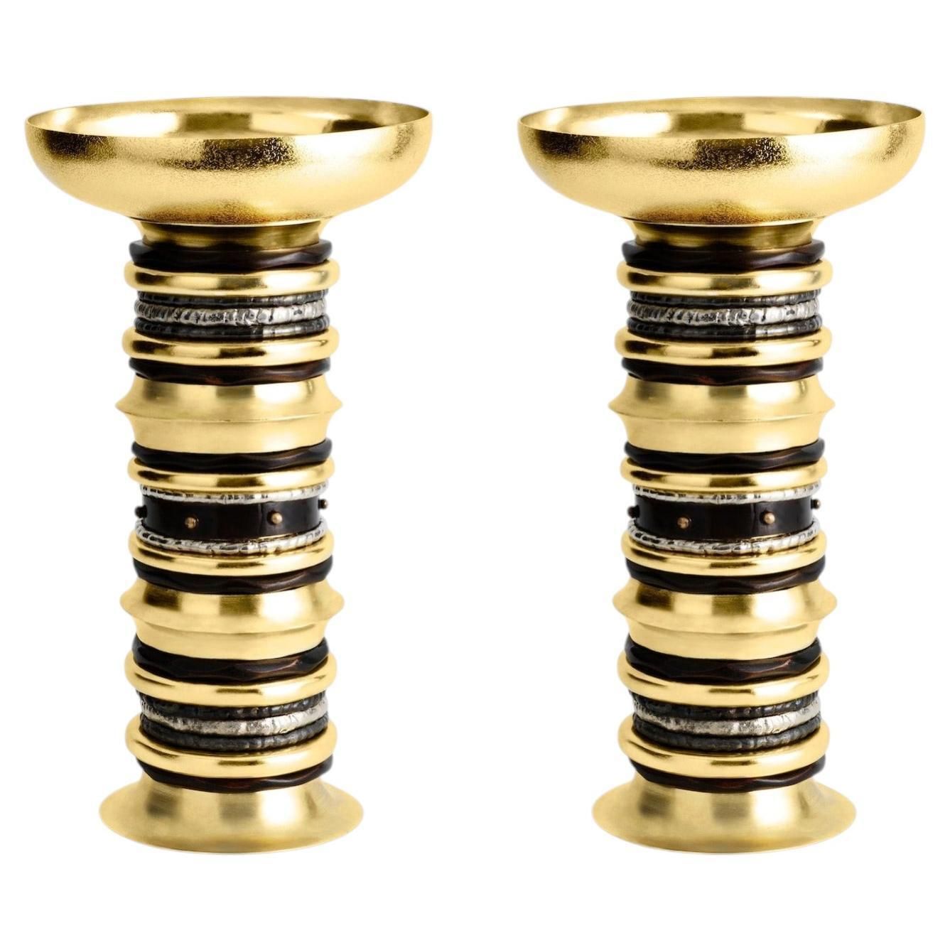 Pair Of Contemporary Gold Metal Naga Statement Vase