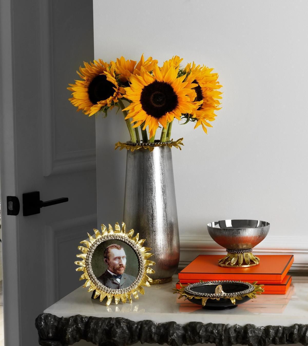 Pair Of Large Contemporary Silver Metal Sunflower Vase With Gold Detail photo for sale