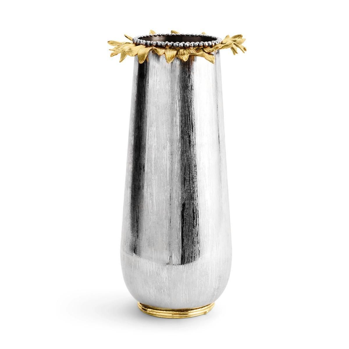Pair Of Large Contemporary Silver Metal Sunflower Vase With Gold Detail photo Home Decor