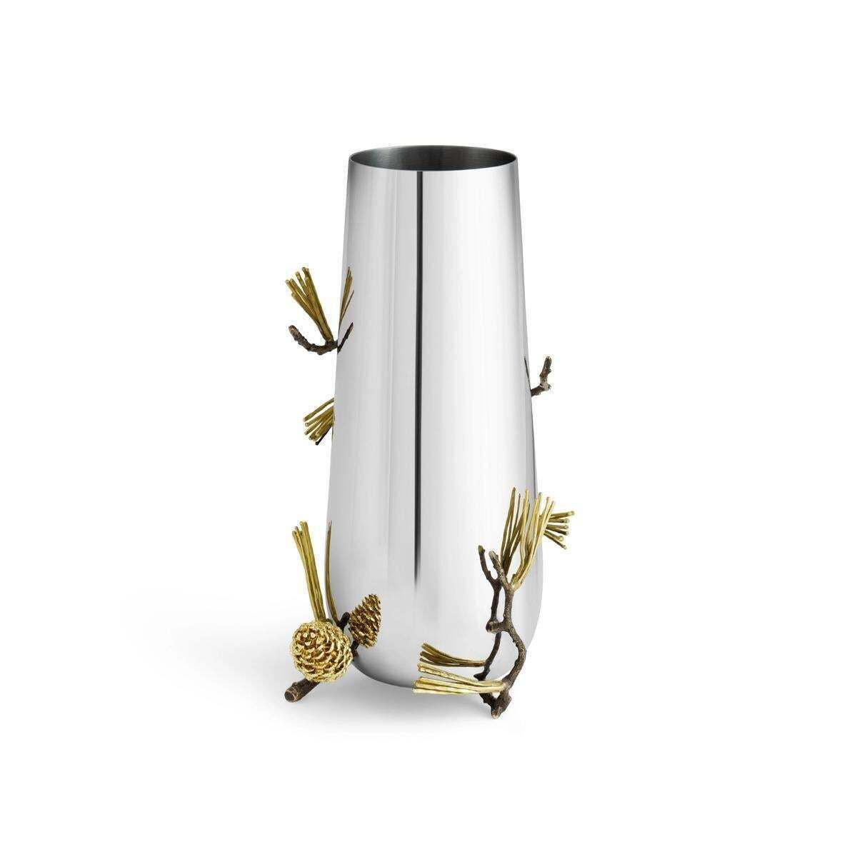 Pair Of Contemporary Silver Metal Pine Cone Vase With Gold Detail photo for sale