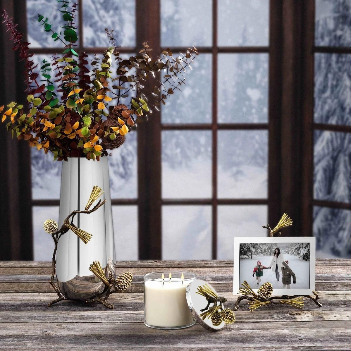 Pair Of Contemporary Silver Metal Pine Cone Vase With Gold Detail photo vinterior