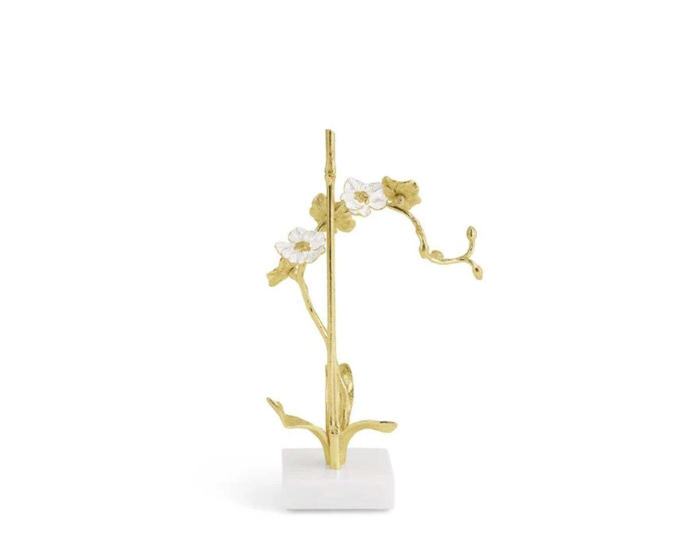 Set Of 4 Orchid Sculptures In Brass, White Enamel And Marble, Contemporary Style photo Art