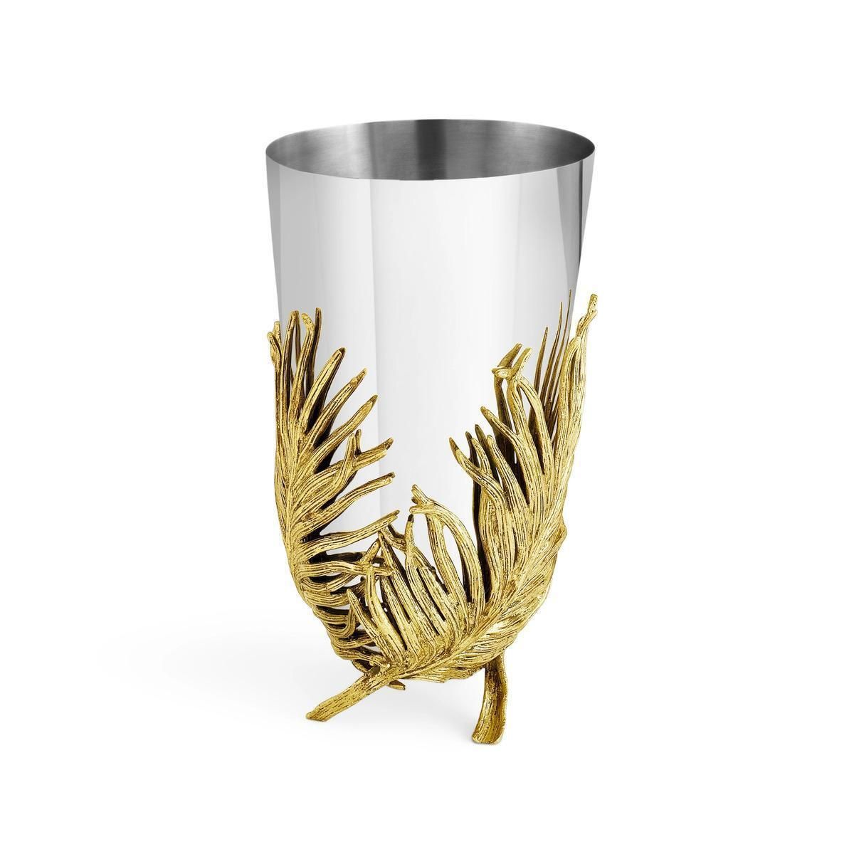 Pair Of Medium Contemporary Silver Metal And Gold Palm Leaf Vase photo for sale