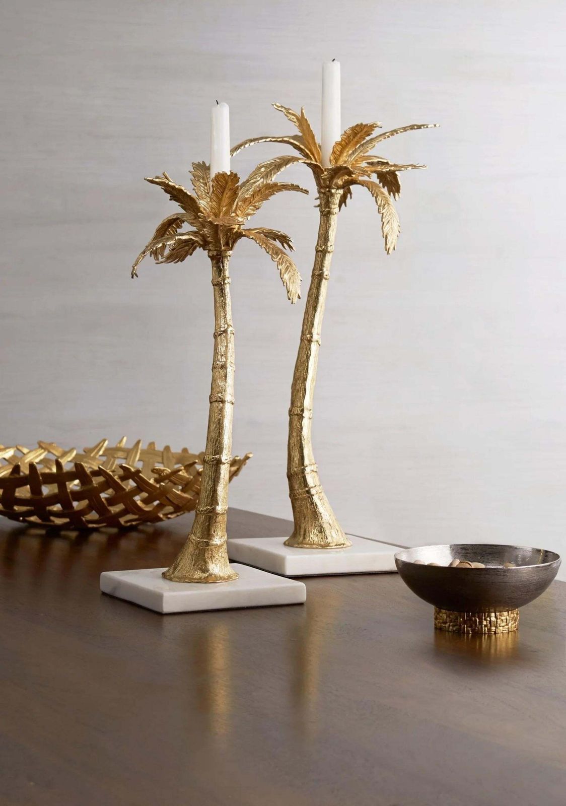 Pair Of Contemporary Gold Metal Palm Tree Candleholders photo for sale