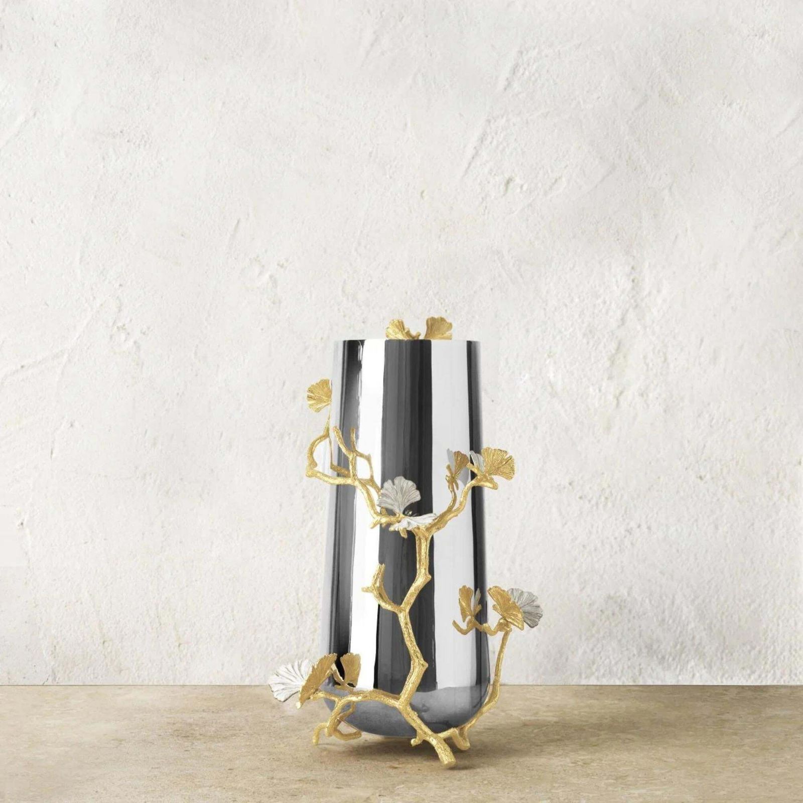 Pair Of Large Contemporary Silver And Gold Metal Butterfly Ginkgo Vase photo for sale