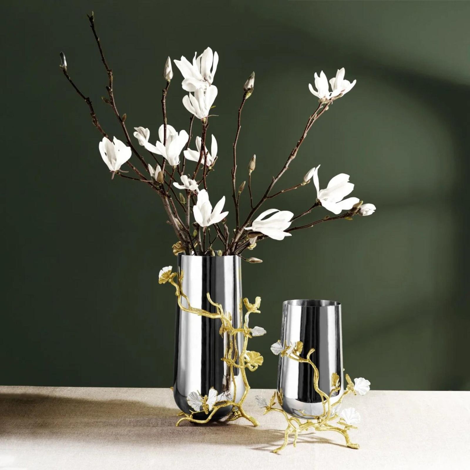Pair Of Large Contemporary Silver And Gold Metal Butterfly Ginkgo Vase photo Home Decor