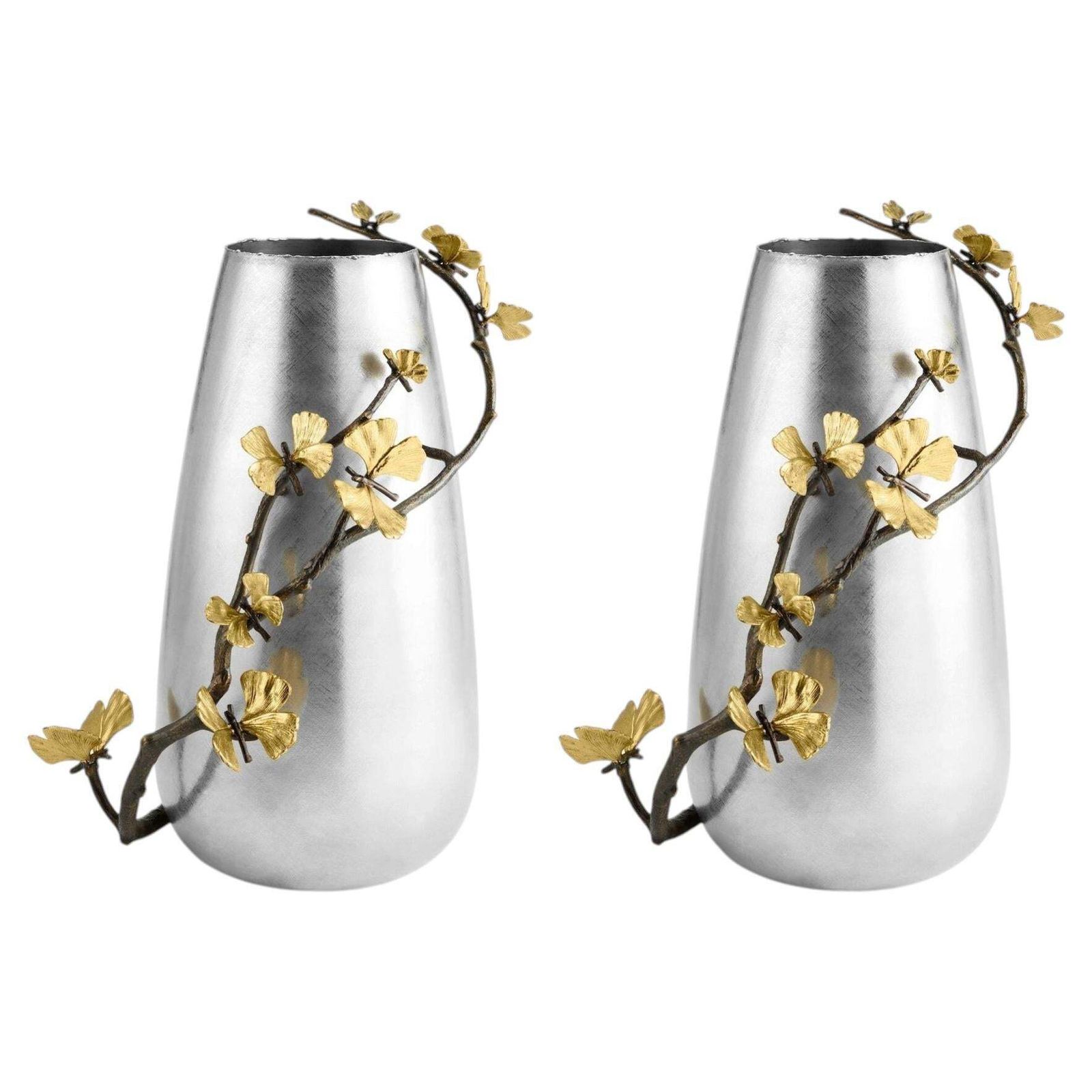 Pair Of Contemporary Silver And Gold Metal Ginkgo Centerpiece Vase