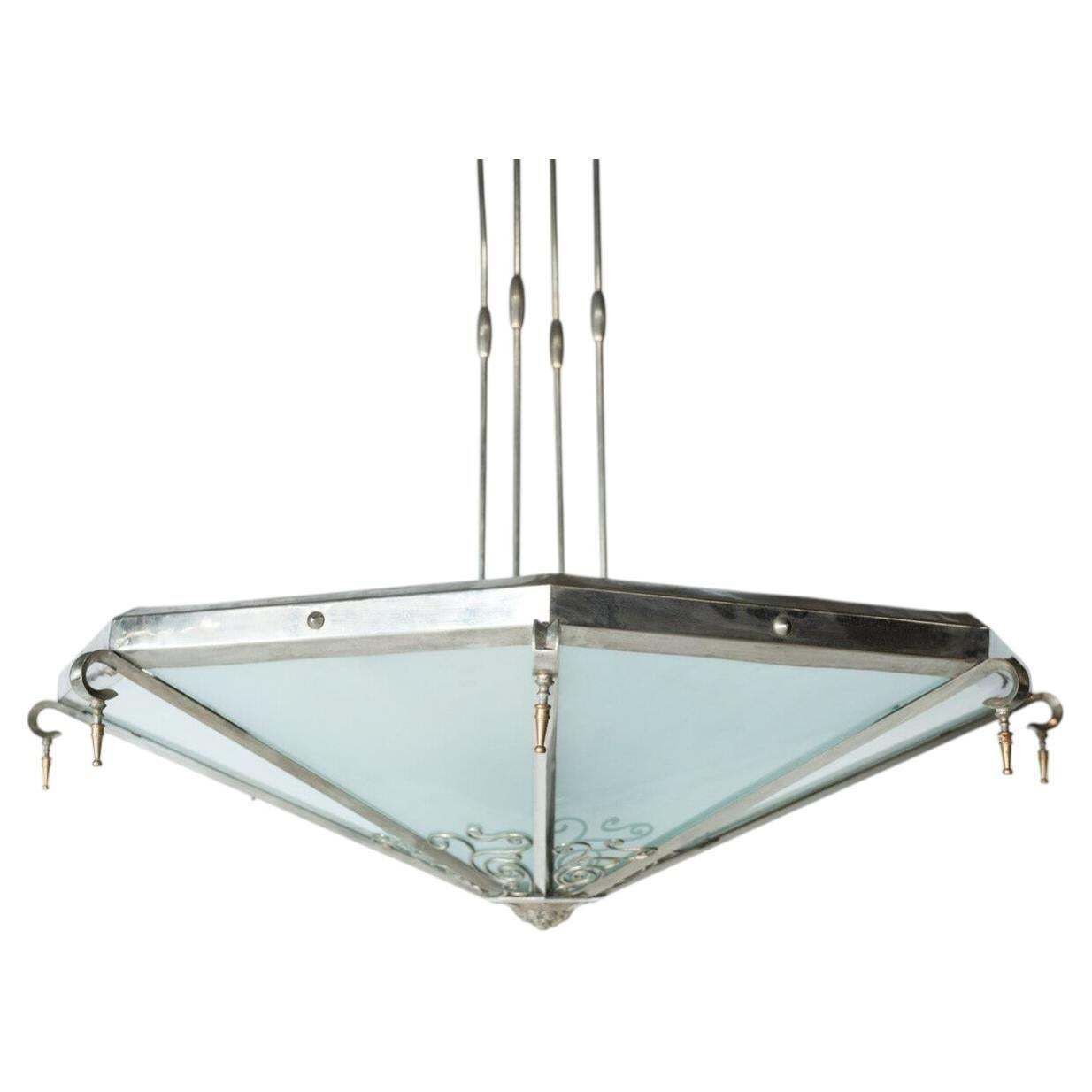 Large Art Deco Ceiling Light, Glass And Metal, France, 1930s
