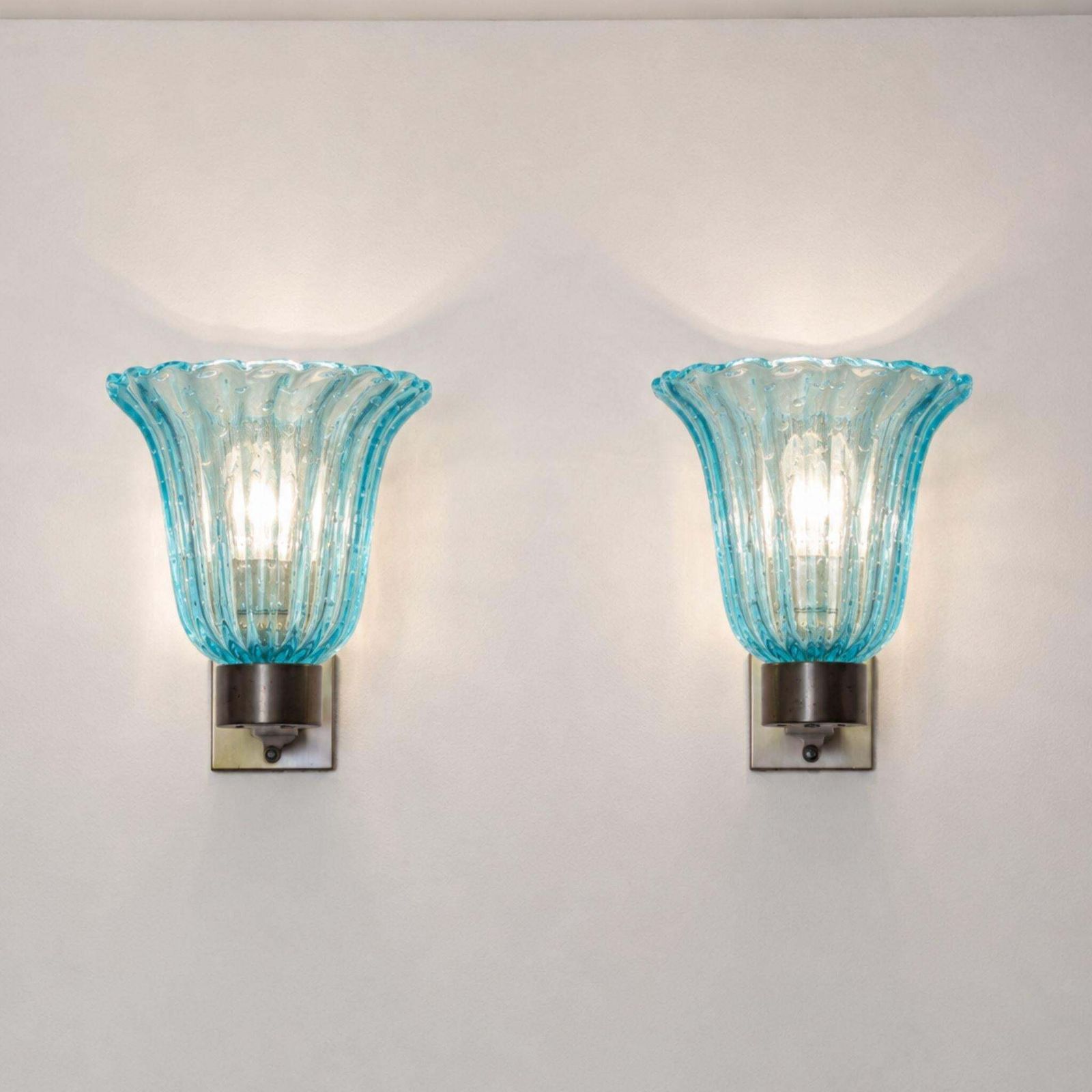 Mid Century Modern Blue Sconces Murano Glass Brass Wall Lights By Barover & Toso photo vintage