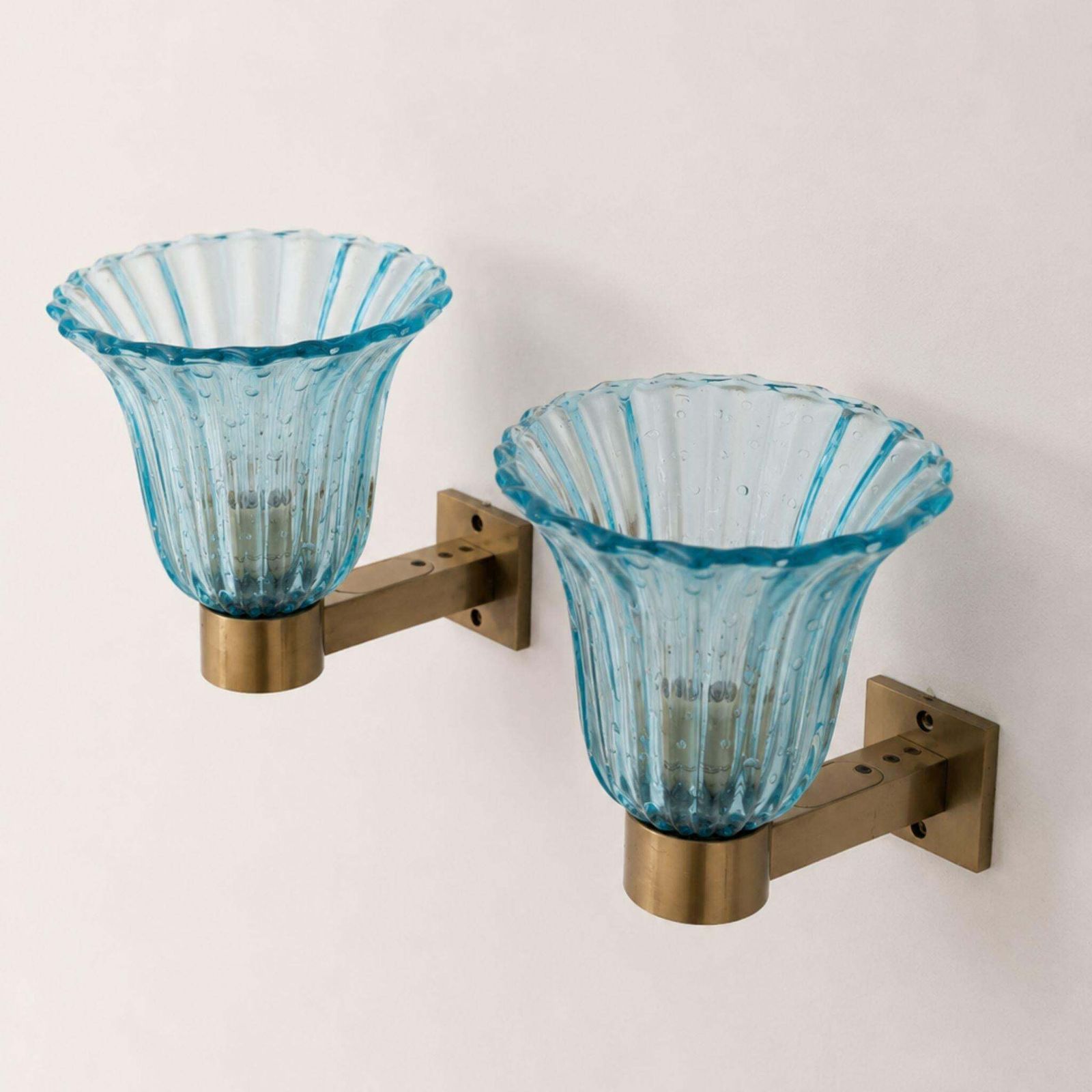 photo for sale Mid Century Modern Blue Sconces Murano Glass Brass Wall Lights By Barover & Toso