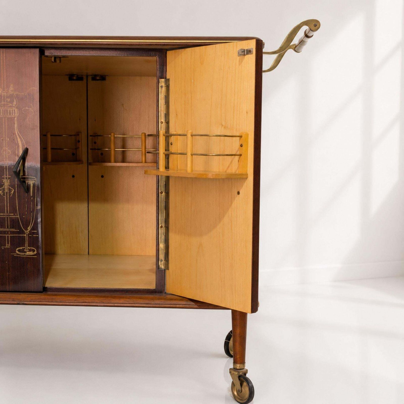 Italian Mid Century Modern Bar Cart Wood Brass Trolley Bar Attributed Ico Parisi photo buy