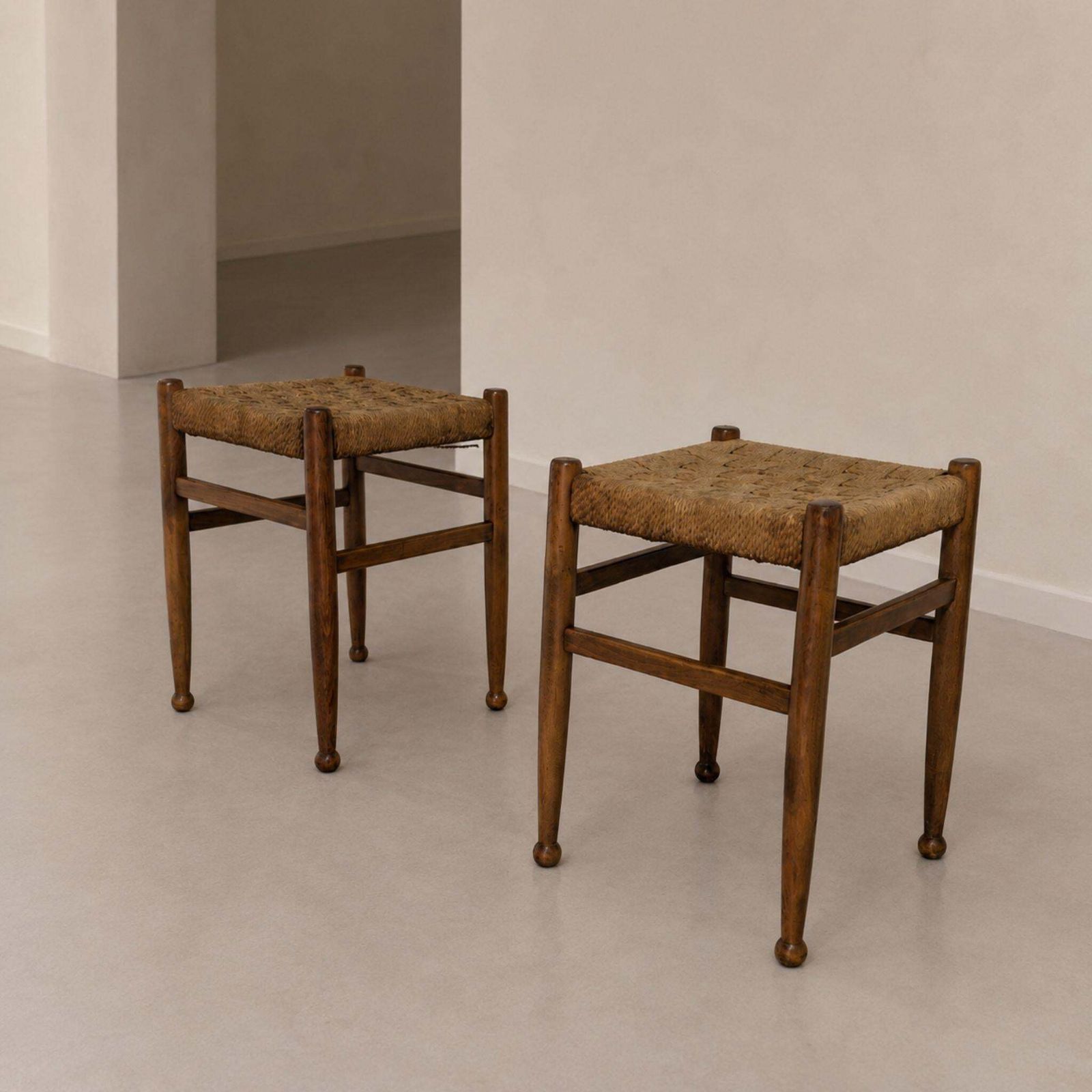 Mid Century Modern Stools Charlotte Perriand Style Wood And Woven Rope, 60s photo furniture