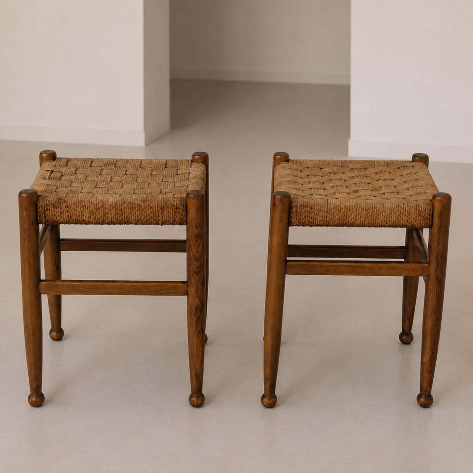 Mid Century Modern Stools Charlotte Perriand Style Wood And Woven Rope, 60s photo for sale