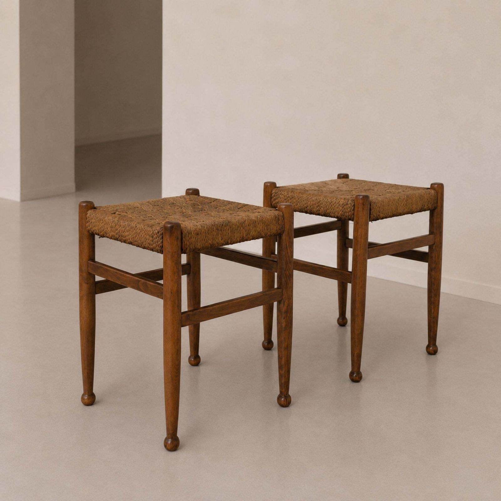 Mid Century Modern Stools Charlotte Perriand Style Wood And Woven Rope, 60s photo vintage