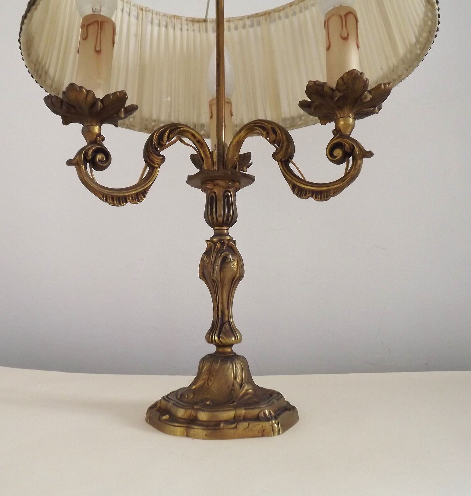 Bronze French Antique 3 Light Candelabra Lamp Cream Braided Pleated Shade photo 187.5