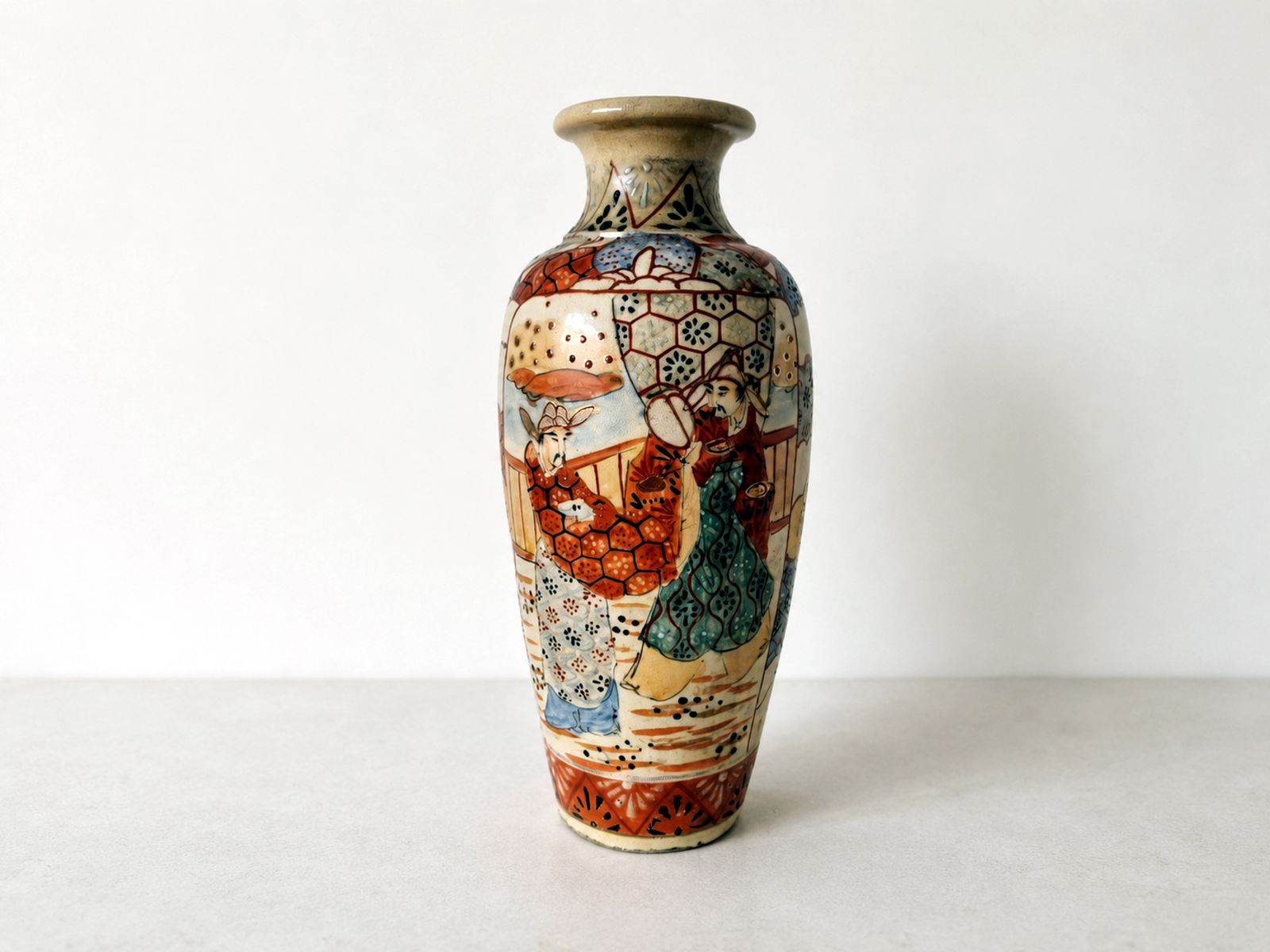 Vintage Japanese Satsuma Style Ceramic Vase With Hand Painted Court Figure Scene photo vinterior