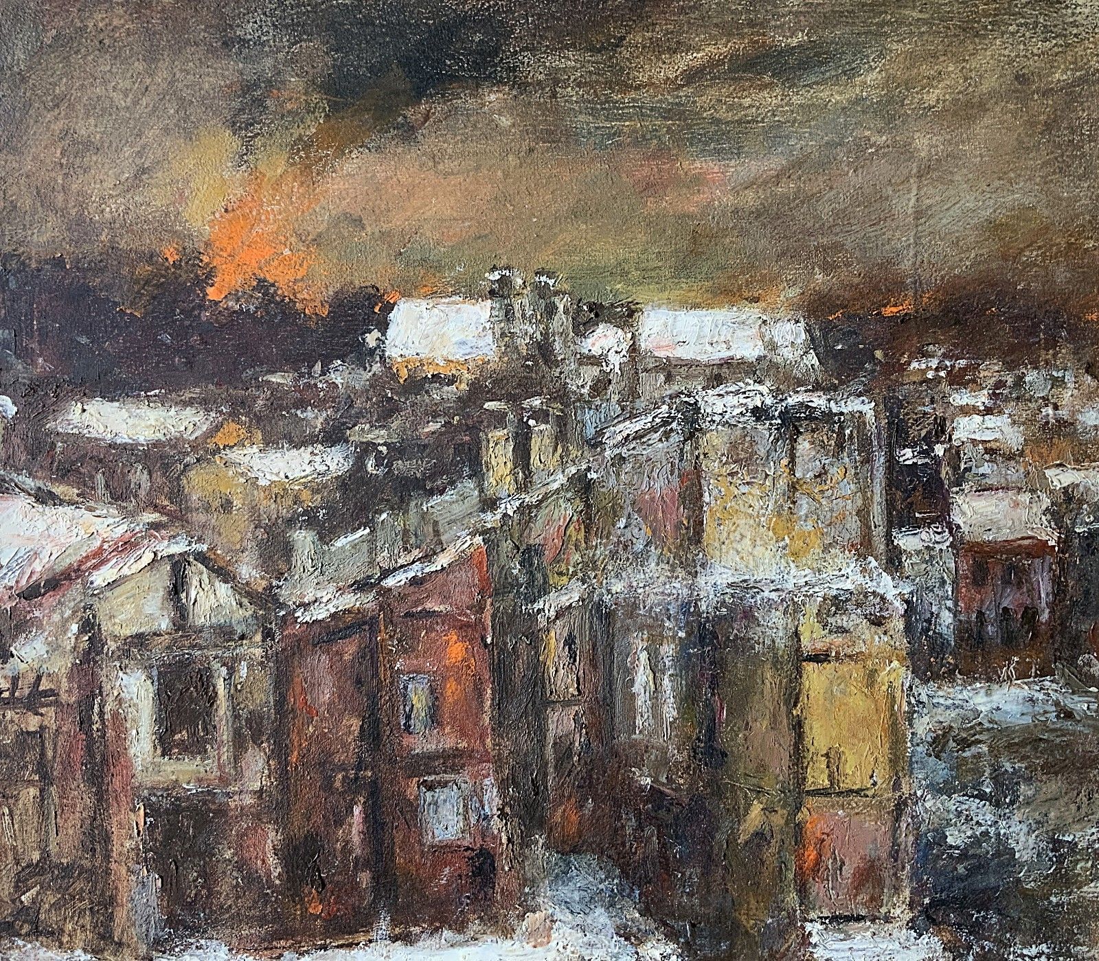 Winter Snow Capped Cityscape Oil Painting By Ronald Olley (British, 1923 2017) photo 335.0