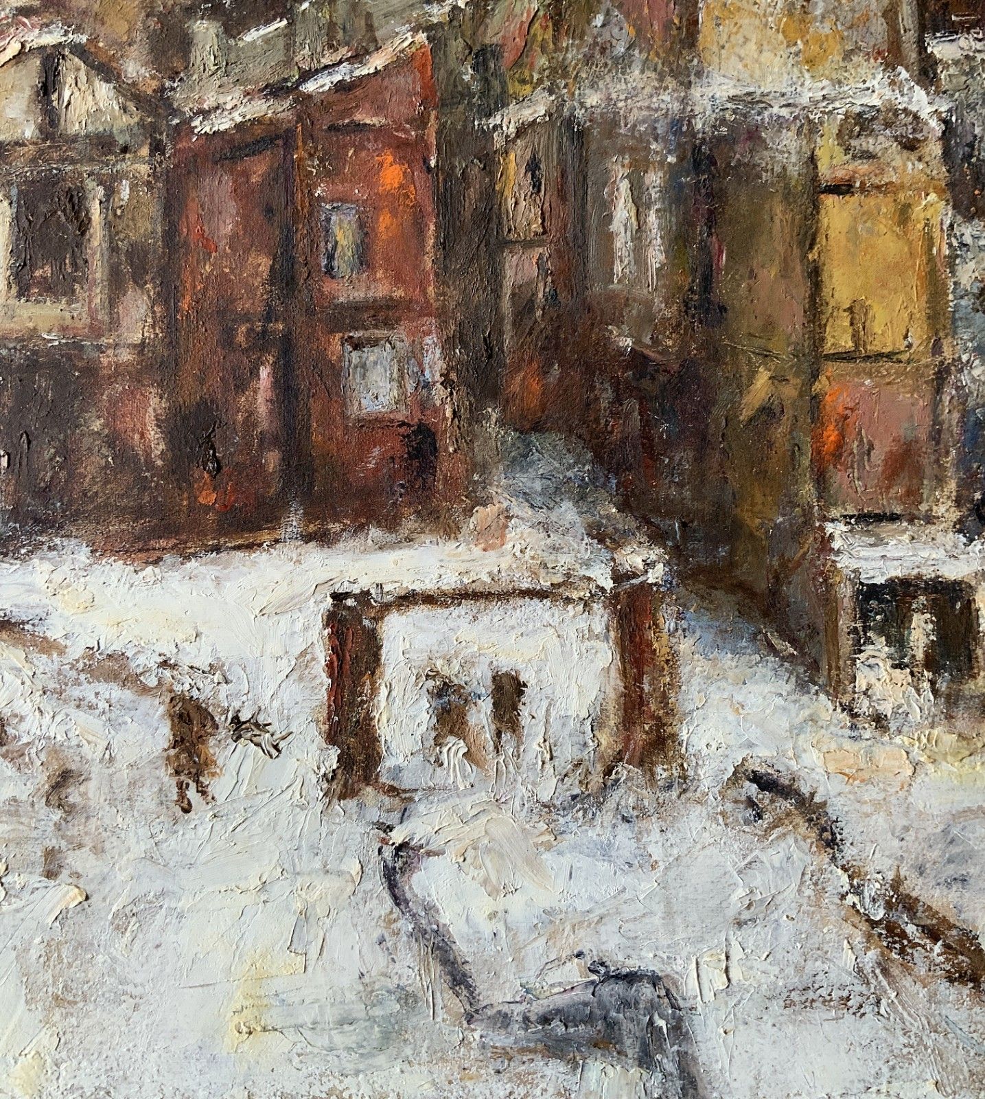 Winter Snow Capped Cityscape Oil Painting By Ronald Olley (British, 1923 2017) photo vintage