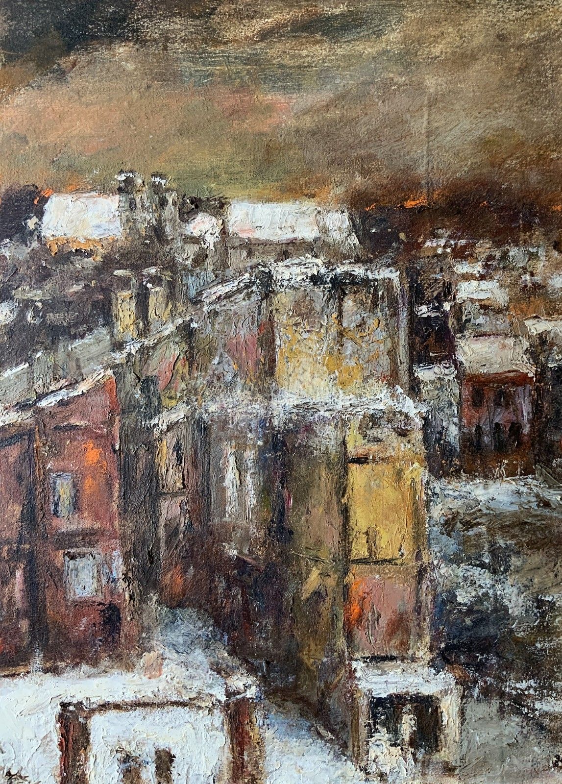 photo for sale Winter Snow Capped Cityscape Oil Painting By Ronald Olley (British, 1923 2017)