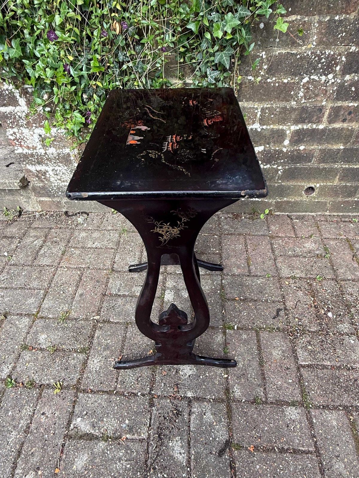 photo for sale Antique Chinoiserie Lacquer Side Table Hand Painted Oriental Occasional Table S