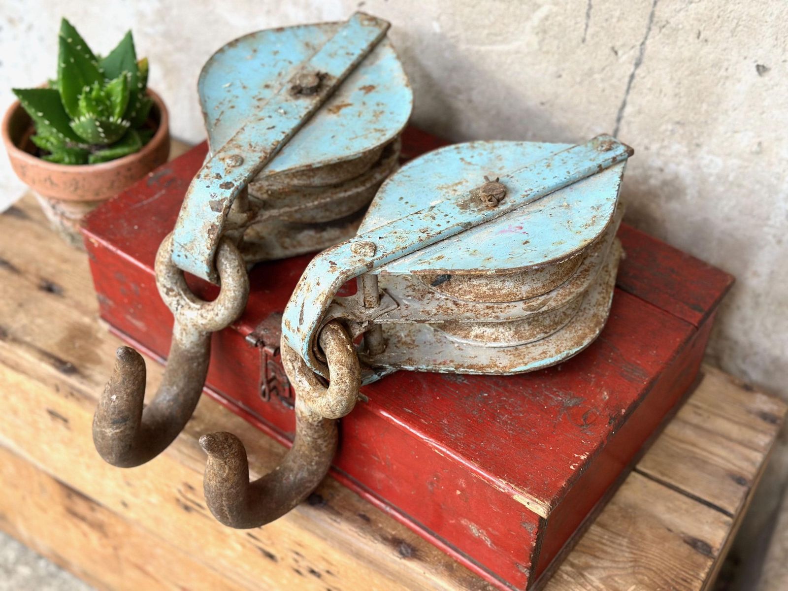 Pair Of Large Vintage Blue Industrial Metal Rope Hook Pulleys photo buy