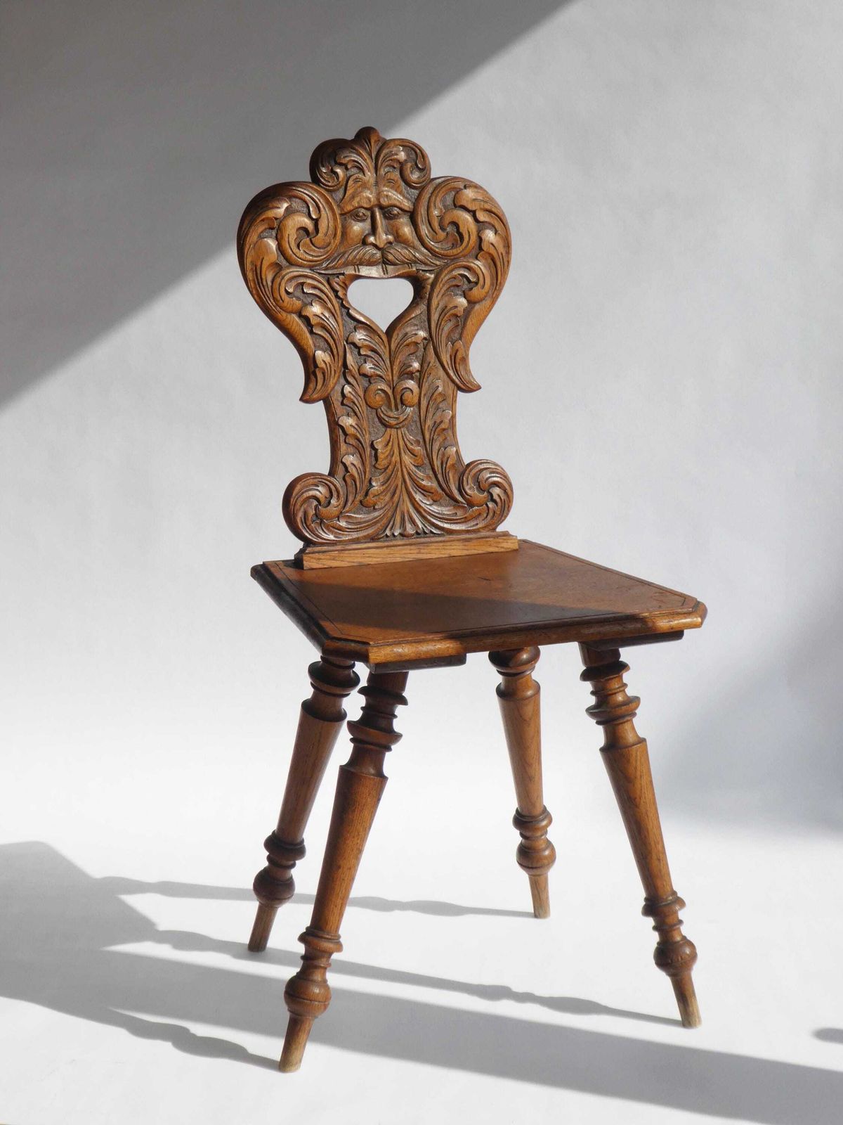 Antique Alpine Oak Folk Art Chair With Carved Face Mask, Brutalist Escabelle Wooden Chair photo 365.0