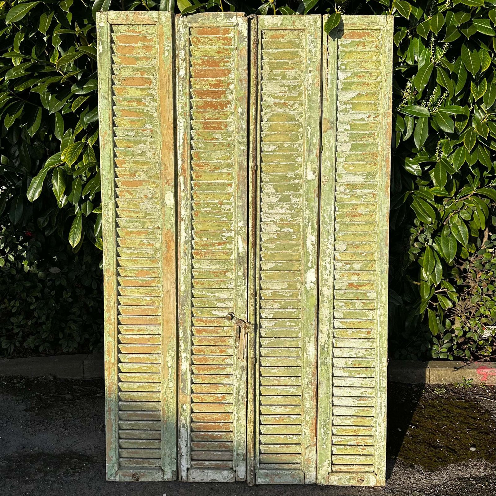 Tall Antique French Louvre Shutters — Original Green Chippy Paint | 174cm