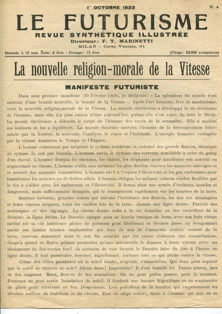 Le Futurisme   La Nouvelle Religion Morale De La Vitesse, Italy 1922