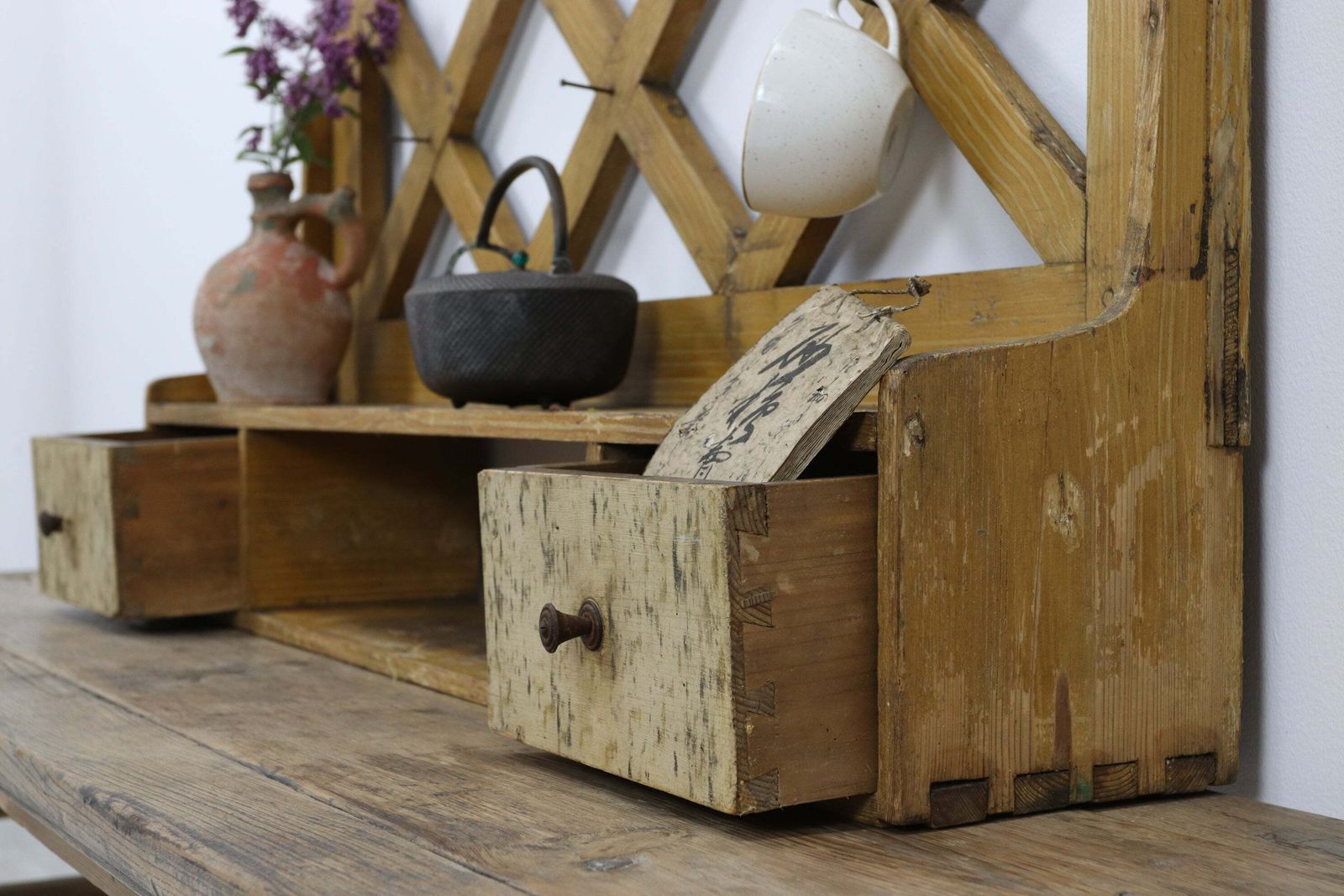 Furniture Vintage Wooden Eastern European Scumbled Lattice Wall Organizer photo